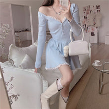 Load image into Gallery viewer, Women Sexy Lace V-Neck Dress Korean Gentle Chiffon Strapless Dresses Fashion Sweet Blue Temperamen Spring Autumn Short Dress