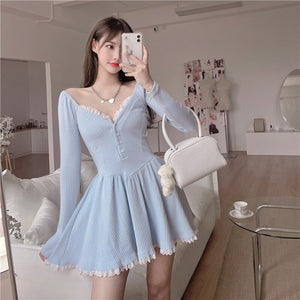 Women Sexy Lace V-Neck Dress Korean Gentle Chiffon Strapless Dresses Fashion Sweet Blue Temperamen Spring Autumn Short Dress