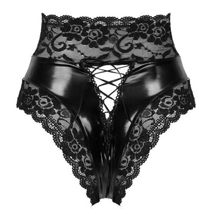 Women Sexy Lingerie Erotic Wetlook Patent Leather Panties Floral Lace Trimming Underwear Underpants Lace-up Back G-String Briefs