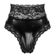 Load image into Gallery viewer, Women Sexy Lingerie Erotic Wetlook Patent Leather Panties Floral Lace Trimming Underwear Underpants Lace-up Back G-String Briefs