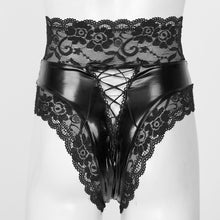 Load image into Gallery viewer, Women Sexy Lingerie Erotic Wetlook Patent Leather Panties Floral Lace Trimming Underwear Underpants Lace-up Back G-String Briefs