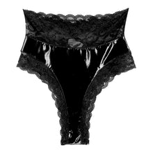 Load image into Gallery viewer, Women Sexy Lingerie Erotic Wetlook Patent Leather Panties Floral Lace Trimming Underwear Underpants Lace-up Back G-String Briefs