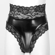 Load image into Gallery viewer, Women Sexy Lingerie Erotic Wetlook Patent Leather Panties Floral Lace Trimming Underwear Underpants Lace-up Back G-String Briefs