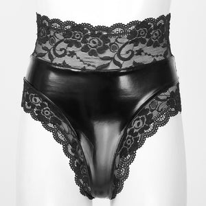 Women Sexy Lingerie Erotic Wetlook Patent Leather Panties Floral Lace Trimming Underwear Underpants Lace-up Back G-String Briefs