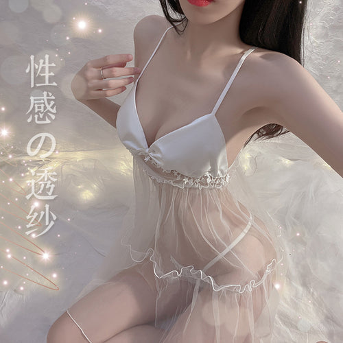 Women Sexy Lingerie Exotic Nightdress Satin Net Dress Set See-through Backless Lovely Girl Skirt Thong Suit Erotic Underwear