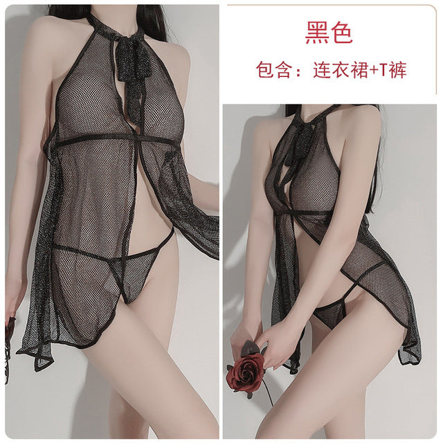 Women Sexy Lingerie Lace Dress Exotica Wear Hot Mesh Hollow Out See-through Femme Porno Nightdress Thong Set Baby Doll