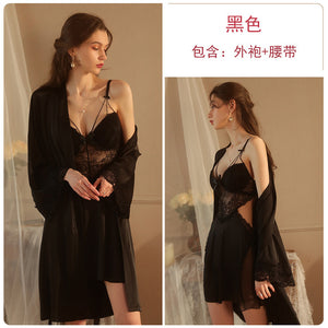 Women Sexy Lingerie Lace Satin Nightdress Nightgown Ladies Underwire Padded Gathered Backless Dress Femme Sleepwear Robe