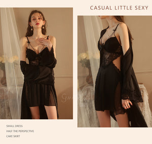 Women Sexy Lingerie Lace Satin Nightdress Nightgown Ladies Underwire Padded Gathered Backless Dress Femme Sleepwear Robe
