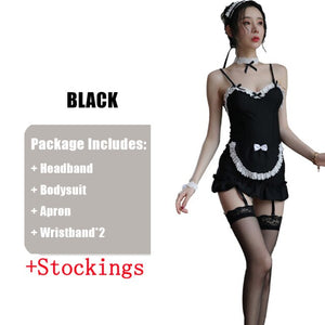 Women Sexy Lingerie Maid Cosplay Outfit Hidden Button With Sexy Lace Apron One-Piece Bodysuit