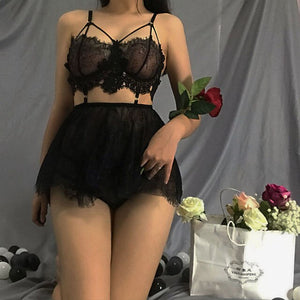 Women Sexy Lingerie Maid Nightdress Perspective Lace Dress Bustier Sleepwear Set Tops Erotic See Through Costumes Night Gown