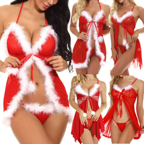 Women Sexy Lingerie Red Babydoll Nightwear Santa Christmas Sleepwear G-string  Sexy Skirt for Sex  Lingerie Plus Size Xmas Gifts