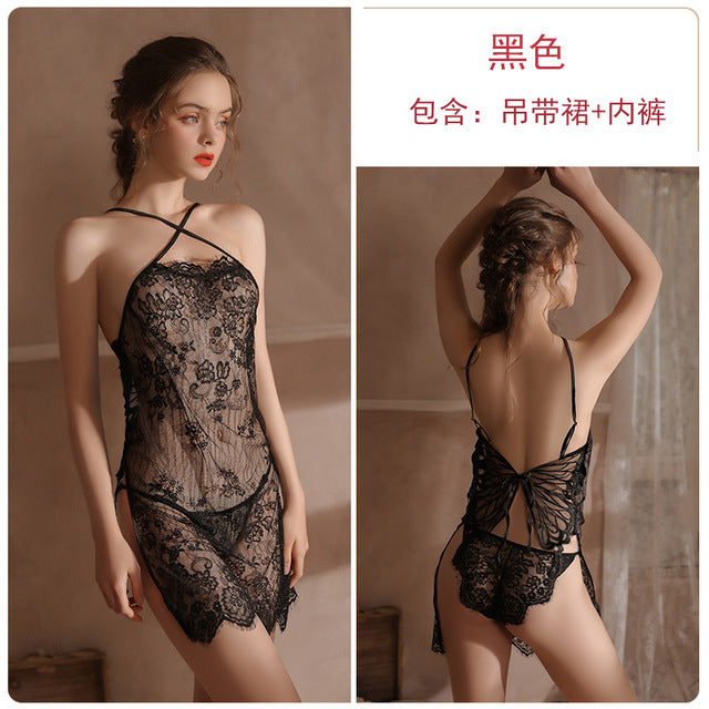 Women Sexy Lingerie See-through Hot Lace Nightdress Embroidered Butterfly Femme Erotic Porno Sleepdress Briefs Set Babydolls