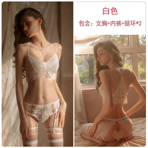 Women Sexy Lingerie Set Exotica Lace Thin Bra Garter Belt Open Crotch Panties Femme Slutty Underwear Porno Stripper Outfit