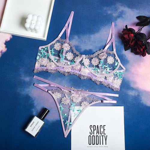 Women Sexy Lingerie Set Perspective Floral Embroidery Bralettes Underwear Bra and Panty Set Erotic Costumes Sensual Underwear