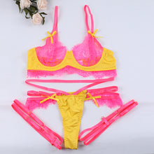 Load image into Gallery viewer, Women Sexy Lingerie Sets Transparent Patchwork Bow Lace Underwire Bras Sex Panty Leg Ring Temptation Erotic Sensual Underwear