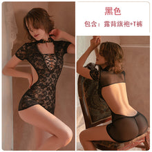 Load image into Gallery viewer, Women Sexy Lingerie Sheer Dress Erotic Porno Retro Cheongsam Skirt Thong Set Lace Perspective Hollow Nightwear Exotic Clothes