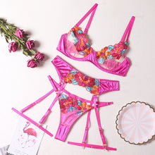 Load image into Gallery viewer, Women Sexy Lingerie Underwear Set Garter Floral Embroidery Sensual Lingerie Underwire Bra Panty Temptation Erotic Underwear Set