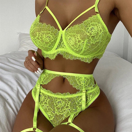 Women Sexy Lingerie Underwear Set Lace Push Up Gather Bra Sex Panties Transparent Erotic Sensual Lingerie Fluorescence Underwear