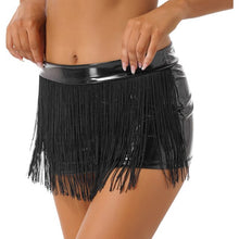 Load image into Gallery viewer, Women Sexy Mini Tassel Skirt Wetlook Leather Above Knee Black Fringe Short Micro Mini Skirt Summer Dance Clubwear Party ClubWear