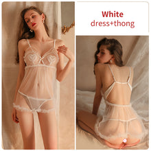 Load image into Gallery viewer, Women Sexy Nightdress Slutty Lingerie Set Mesh See-through Backless Skirt Femme Erotic Porno Dress G-string Love Embroidery