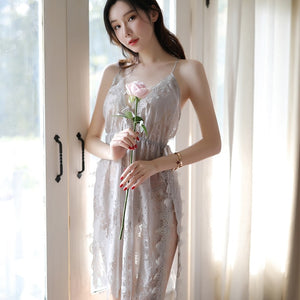 Women Sexy Nightdress Temptation Side Split Nightgown Sexy Lingerie Suspender Sheer Lace Embroidery Night Sleep Dress Nightgown