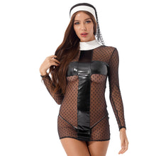 Load image into Gallery viewer, Women Sexy Nun Sister Costume Party Fancy Dress See-through Mesh Mini Dress Headwear G-string Sets Halloween Cosplay Costumes