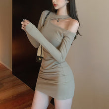 Load image into Gallery viewer, Women Sexy Oblique Shoulder Dress Tight Fashion Korea Hollow Hip Up Slimming Skirt Long-Sleeve Autumn Temperament Street Dresses