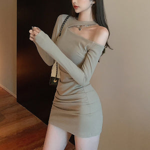 Women Sexy Oblique Shoulder Dress Tight Fashion Korea Hollow Hip Up Slimming Skirt Long-Sleeve Autumn Temperament Street Dresses