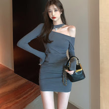 Load image into Gallery viewer, Women Sexy Oblique Shoulder Dress Tight Fashion Korea Hollow Hip Up Slimming Skirt Long-Sleeve Autumn Temperament Street Dresses