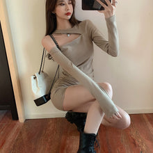 Load image into Gallery viewer, Women Sexy Oblique Shoulder Dress Tight Fashion Korea Hollow Hip Up Slimming Skirt Long-Sleeve Autumn Temperament Street Dresses