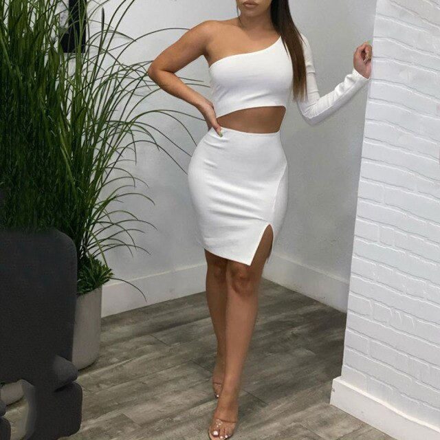 Women Sexy One Shoulder Hollow White Mini Summer Dress Fashion Solid Slit Bodycon Dresses For Women 2021 Club Vestido De Mujer
