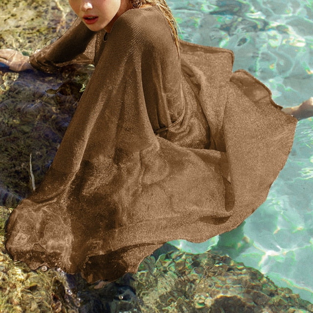 Women Sexy Shiny Mesh Beach Dress Sheer Long Cover Up Glitter Tunic Female Golden Swimsuit Bikini Sarong Swimwear Sling Dress