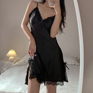 Women Sexy Silk  Pajamas Embroidery Lace Suspenders Nightdress Summer Sleepwear Wedding Night Dress