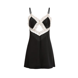 Women Sexy Sleepwear Satin Slip Dress Lace Nightgown Transparent Suspenders Nightdress Skirt Femme Lingerie Hollow Out