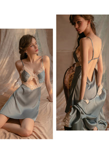 Women Sexy Sleepwear Satin Slip Dress Lace Nightgown Transparent Suspenders Nightdress Skirt Femme Lingerie Hollow Out