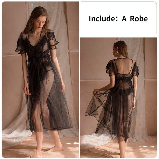 Women Sexy Temptation Cute Lace Pajamas Suspenders Nightdress Silk Lingerie and Robe Lace Elegant Net Yarn Pajama Set Homewear