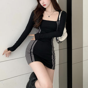 Women Sexy Tight Dress Korea Hip Up Square Collar Skirt Long-Sleeve Autumn Splice Dress Fashion Temperament Street Black Dresses