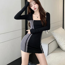 Load image into Gallery viewer, Women Sexy Tight Dress Korea Hip Up Square Collar Skirt Long-Sleeve Autumn Splice Dress Fashion Temperament Street Black Dresses