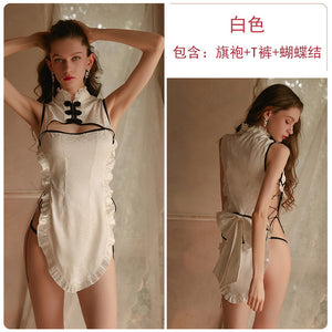 Women Sexy Underwear Erotic Nightdress Thong Suit Retro Cheongsam Slit Hollow Strap Skirt Suit Costumes For Adult Slutty Clothes