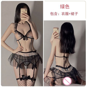 Women Sexy Underwear Lace Mesh See-through Backless Pajamas 2Pcs Cute Bow Lovely Uniform Suit Skirt Seductive Sleepwear Outfit