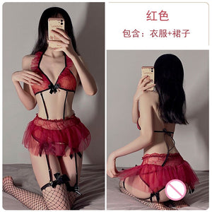 Women Sexy Underwear Lace Mesh See-through Backless Pajamas 2Pcs Cute Bow Lovely Uniform Suit Skirt Seductive Sleepwear Outfit