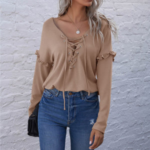 Women Sexy V Neck Cross Bandage Blouse Casual Long Sleeve Ruffle Top 2021 Spring Summer New Arrival Female Solid Color Blouse