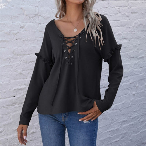 Women Sexy V Neck Cross Bandage Blouse Casual Long Sleeve Ruffle Top 2021 Spring Summer New Arrival Female Solid Color Blouse
