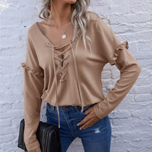 Load image into Gallery viewer, Women Sexy V Neck Cross Bandage Blouse Casual Long Sleeve Ruffle Top 2021 Spring Summer New Arrival Female Solid Color Blouse