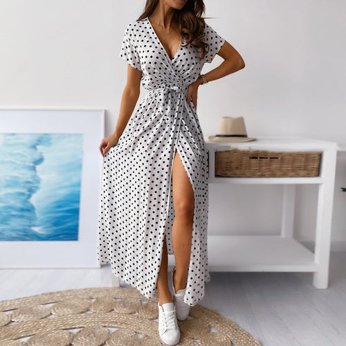 Women Sexy V Neck Short Sleeve Beach Boho Dress Party Dress Printed Short Sleeve 2021 Summer Casual Dot Print Long Dress