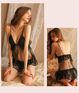 Women Sexy lace Lingerie Set Erotica Gauze See-through Seduction Porno Baby Doll Nightdress Femme Slutty Front Button Dress
