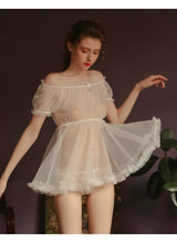 Load image into Gallery viewer, Women Sheer Stars Ultra-thin Gauze Ruffles Off Shoulder Sleeve Tops Shorts Leg Ring Underwear Set Temptation Sexy Pajamas