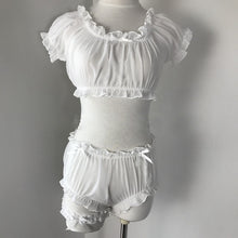 Load image into Gallery viewer, Women Sheer Stars Ultra-thin Gauze Ruffles Off Shoulder Sleeve Tops Shorts Leg Ring Underwear Set Temptation Sexy Pajamas