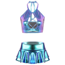 Load image into Gallery viewer, Women Shiny Metallic Punk Dance Costumes Halter Neck Hollow Out Backless Crop Top with Ruffle Mini Skirt Pole Dance Clothing Set