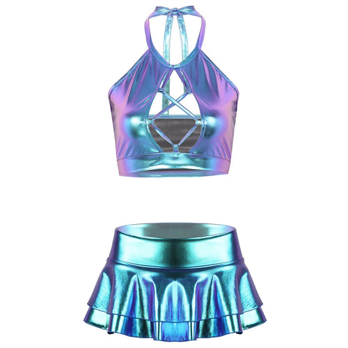 Women Shiny Metallic Punk Dance Costumes Halter Neck Hollow Out Backless Crop Top with Ruffle Mini Skirt Pole Dance Clothing Set